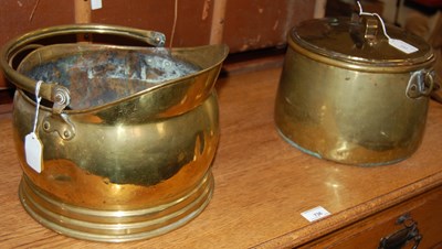 Lot 737 - A brass fuel bin, together with a brass lidded...