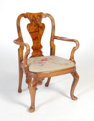 Lot 5 - An early 20th century Queen Anne walnut elbow chair for a child