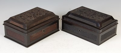 Lot 696 - A pair of Chinese lacquered sarcophagus-shaped tea caddies, late 19th/ early 20th century