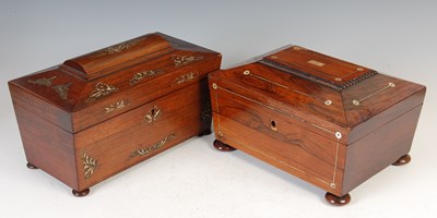 Lot 171 - An early 19th century rosewood and mother-of-pearl inlaid sarcophagus-shaped tea caddy