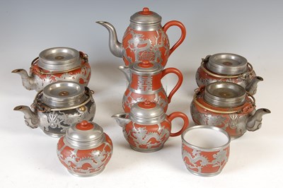 Lot 685 - A Chinese Yixing pewter mounted five-piece tea and coffee set, HOR CHUNG, WEI HAI-WEI