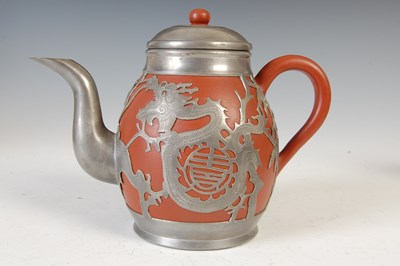 Lot 685 - A Chinese Yixing pewter mounted five-piece tea and coffee set, HOR CHUNG, WEI HAI-WEI