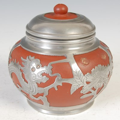 Lot 685 - A Chinese Yixing pewter mounted five-piece tea and coffee set, HOR CHUNG, WEI HAI-WEI