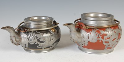 Lot 685 - A Chinese Yixing pewter mounted five-piece tea and coffee set, HOR CHUNG, WEI HAI-WEI