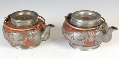 Lot 685 - A Chinese Yixing pewter mounted five-piece tea and coffee set, HOR CHUNG, WEI HAI-WEI