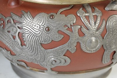 Lot 685 - A Chinese Yixing pewter mounted five-piece tea and coffee set, HOR CHUNG, WEI HAI-WEI