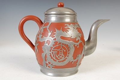 Lot 685 - A Chinese Yixing pewter mounted five-piece tea and coffee set, HOR CHUNG, WEI HAI-WEI