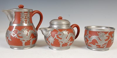 Lot 685 - A Chinese Yixing pewter mounted five-piece tea and coffee set, HOR CHUNG, WEI HAI-WEI