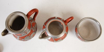 Lot 685 - A Chinese Yixing pewter mounted five-piece tea and coffee set, HOR CHUNG, WEI HAI-WEI