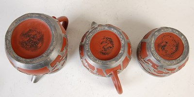 Lot 685 - A Chinese Yixing pewter mounted five-piece tea and coffee set, HOR CHUNG, WEI HAI-WEI