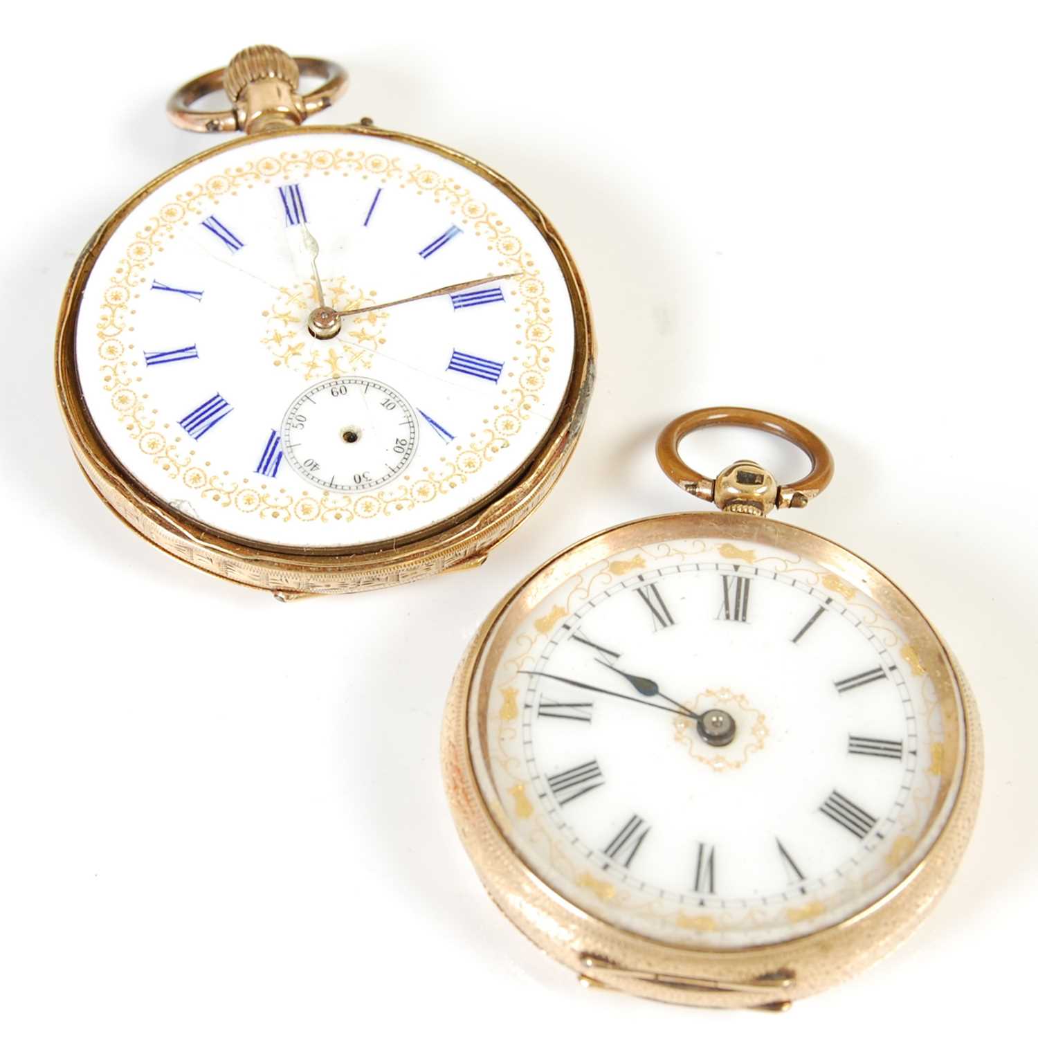 Lot 447 - Two late 19th/ early 20th century yellow metal pocket watches, both stamped '18K'