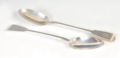 Lot 410 - A pair of Victorian silver serving spoons, London, 1854 and 1856