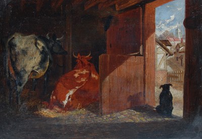 Lot 340 - 19th century British School Cattle in a barn...