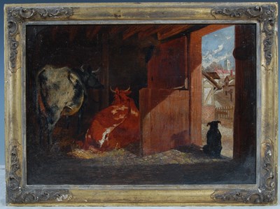 Lot 340 - 19th century British School Cattle in a barn...