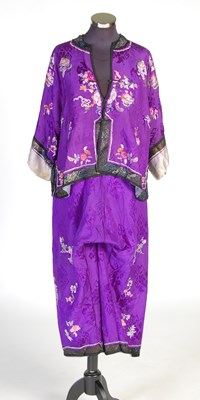 Lot 708 - A Chinese purple ground embroidered ladies silk jacket and matching pantalons