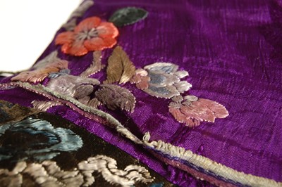 Lot 708 - A Chinese purple ground embroidered ladies silk jacket and matching pantalons