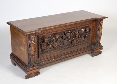 Lot 73 - A late 19th century Continental stained softwood coffer