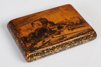 Lot 206 - A Mauchline ware sycamore and penwork rounded oblong snuff box