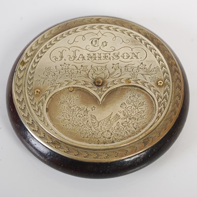 Lot 225 - A Scottish silver-plated brass and treen circular flat snuff box