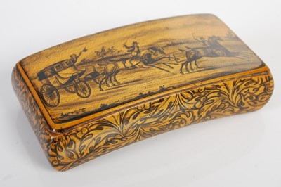 Lot 227 - A Mauchline ware sycamore and penwork curved oblong snuff box