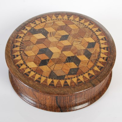 Lot 273 - A Tunbridge Ware treen circular snuff box