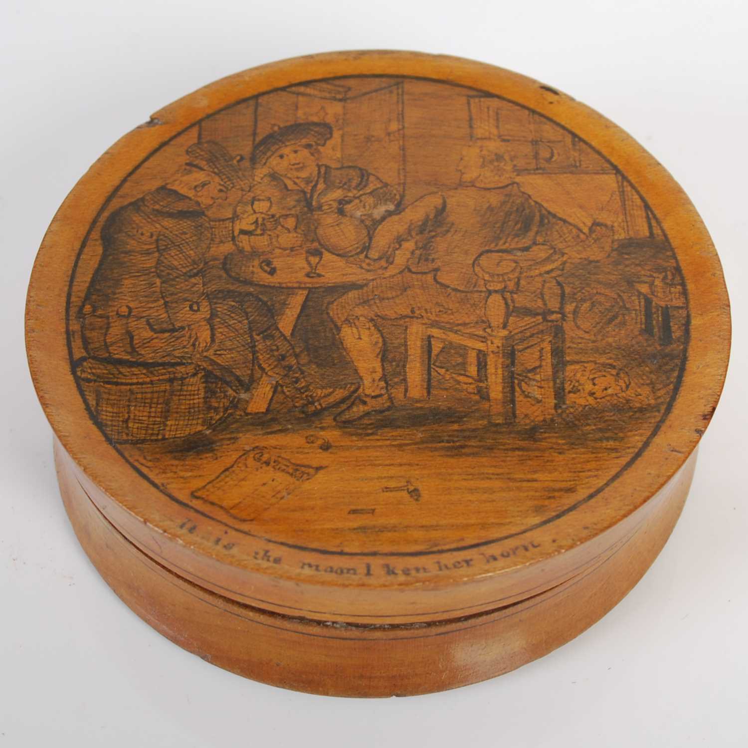 Lot 295 - A Mauchline ware sycamore circular snuff box