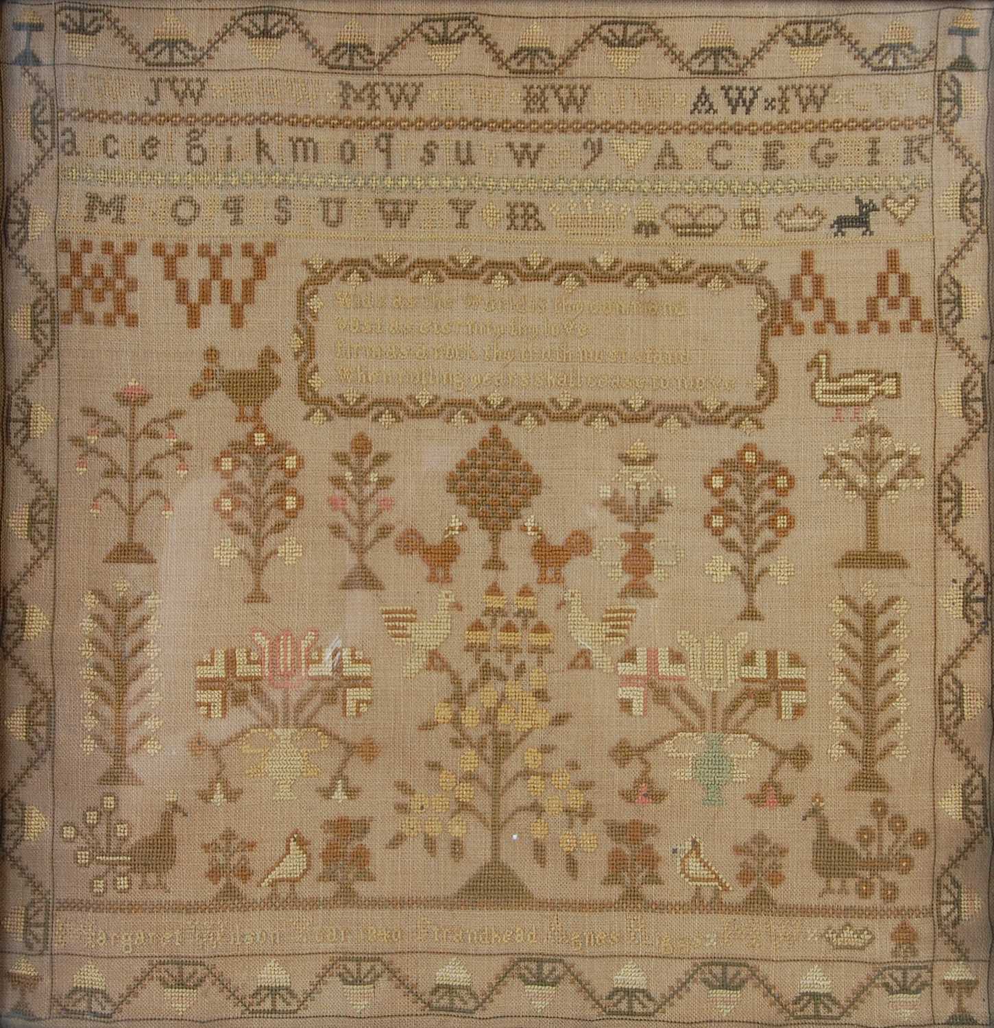 Lot 144 - A Victorian needlework sampler by Margaret Wilson, year 1840, Strandhead Agnes Riggs MW