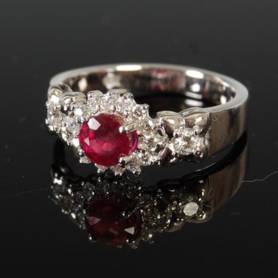 Lot 448 - A white metal, South African ruby and diamond...