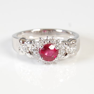 Lot 448 - A white metal, South African ruby and diamond...