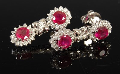 Lot 449 - A pair of white metal, ruby and diamond drop...