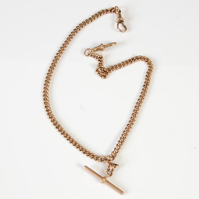 Lot 460 - A 9ct gold Albert chain suspending T-bar, 41cm...