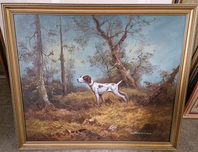 Lot 553 - Hoffman Pointer dog in the woods Oil on board,...