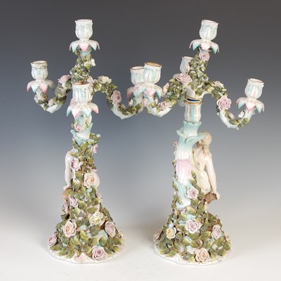 Lot 508 - A pair of Sitzendorf porcelain four-light...