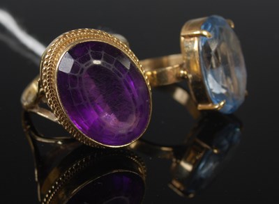 Lot 39 - Two 9ct gold gem set dress rings, one blue...