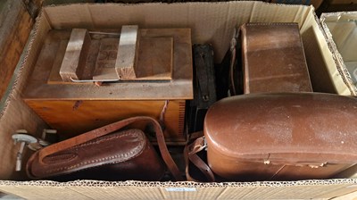 Lot 491 - A box of assorted antique and later camera...