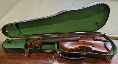 Lot 640 - An antique violin in a fitted black case, with...