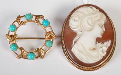 Lot 80 - A yellow metal and turquoise cabochon circular...