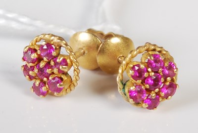 Lot 92 - A pair of yellow metal and synthetic ruby...