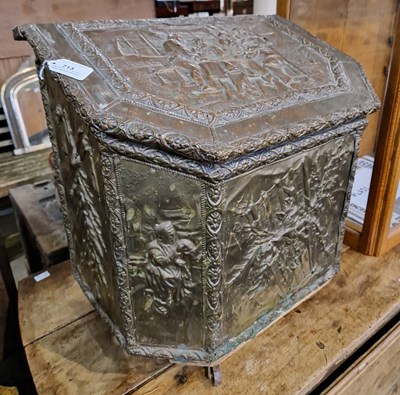 Lot 713 - A 19th century brass embossed fuel bin, the...