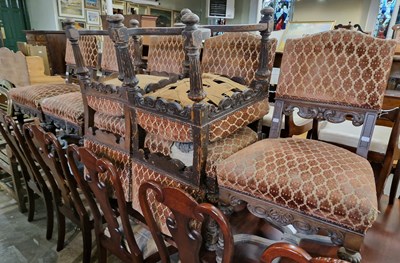 Lot 734 - A set of seven antique oak carved dining...