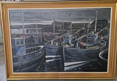 Lot 554 - Adam Robson (1928-2007) Dawn at Lerwick oil on...