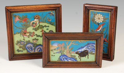 Lot 589 - Three Chinese dark wood framed cloisonne...