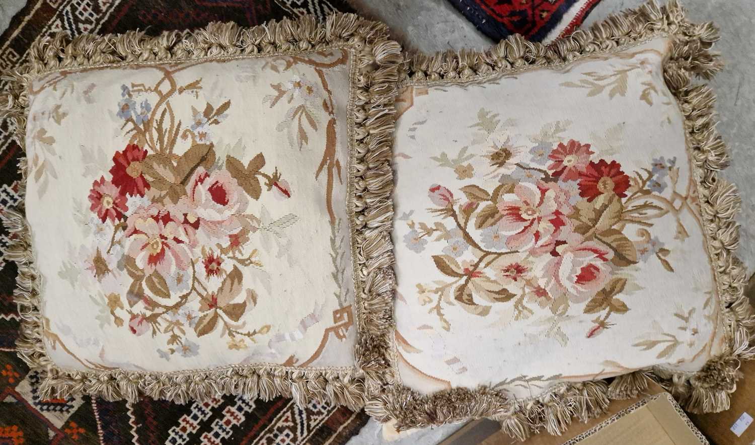 Lot 409 - A pair of Aubusson style cushions with floral...