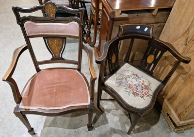 Lot 671 - An Edwardian mahogany and inlaid corner chair,...