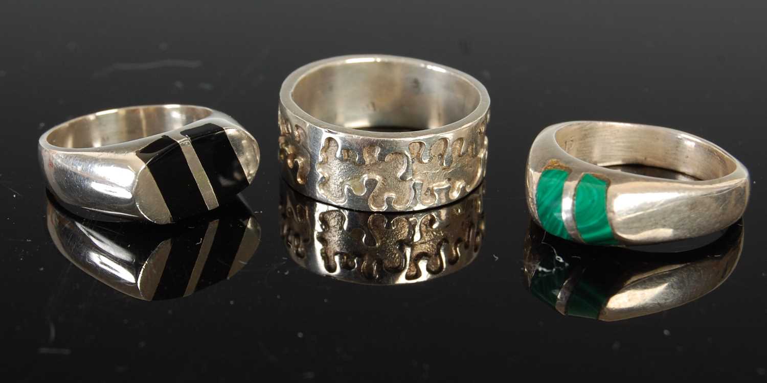 Lot 451 - Two Mexican white silver and enamel rings, one...