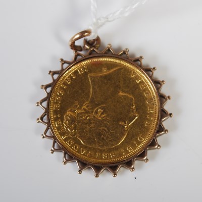 Lot 219 - A Victorian gold sovereign dated 1873 in later...