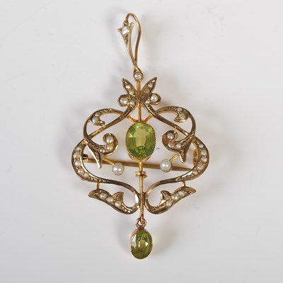 Lot 278 - A 9ct gold, split pearl and peridot pendant,...