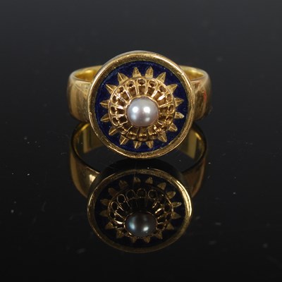 Lot 287G - An 18ct gold, blue enamel and split pearl...