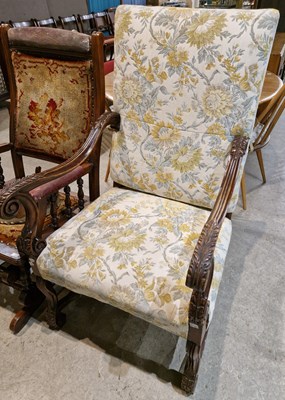 Lot 883 - A walnut style open armchair, with upholstered...