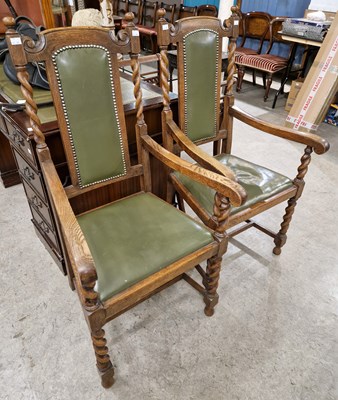 Lot 892 - A pair of antique oak open armchairs with...